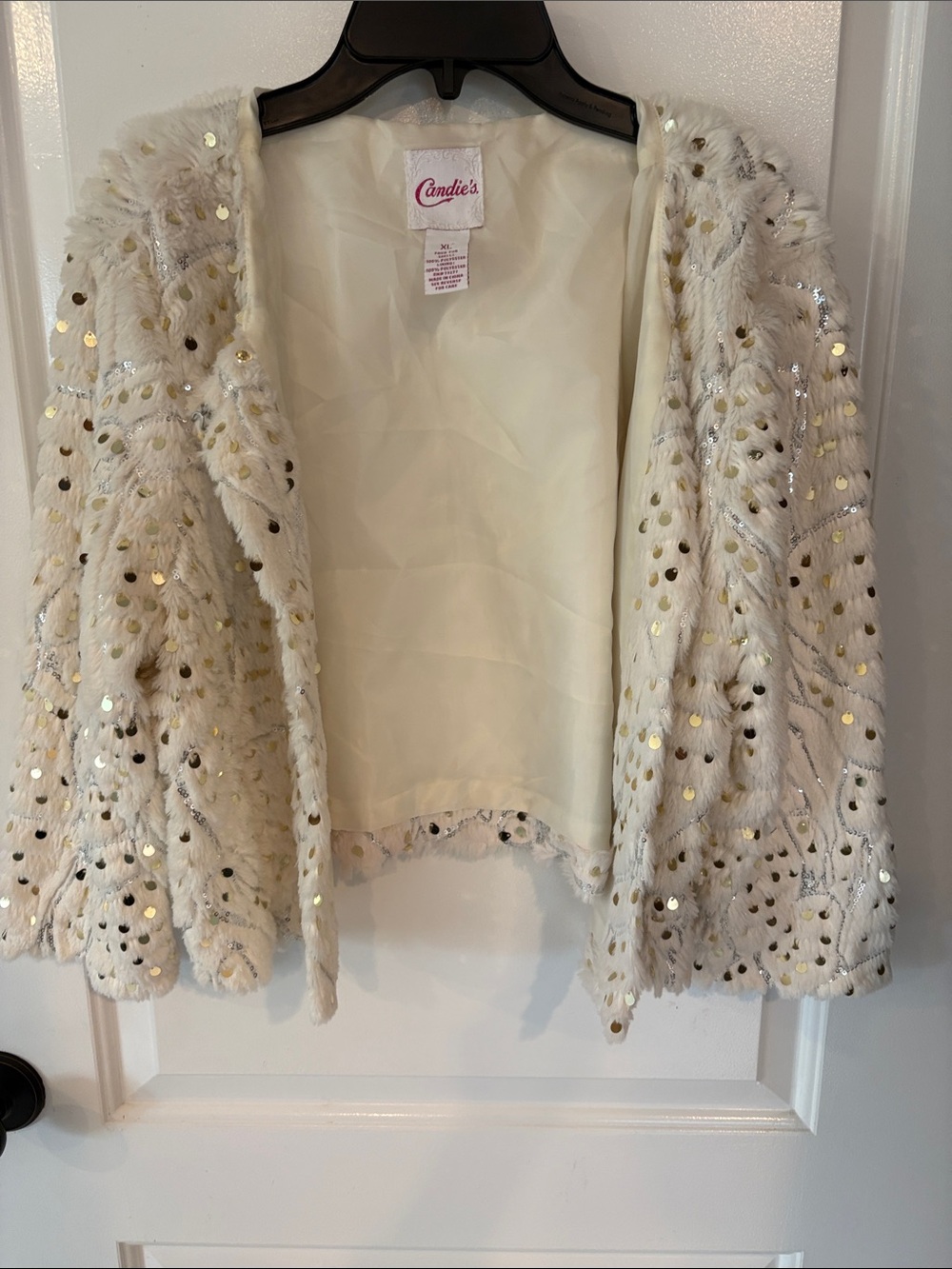 Vintage Candies White Faux Fur Sequin Jacket - Girls XL (Fits Adult) - EUC